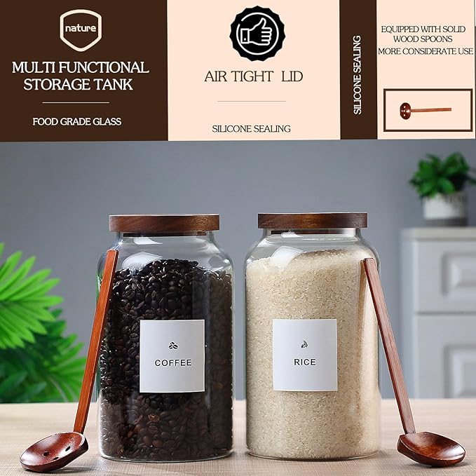 2 PCS Large Glass Jar with Airtight Wooden Lid Clear Glass Canisters with Spoon for Egg,Flour,Rice,Coffee,Cereal (2700ml × 2)