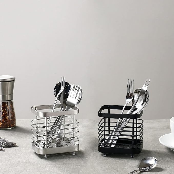 Utensil Holder, Stainless Steel Sink Utensil Holder Countertop, Kitchen Utensil Drying Caddy, Cutlery Drainer for Utensil, Rust-Proof Cutlery Utensil Organizer (Black)