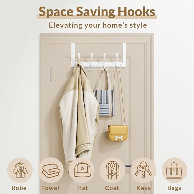 2 Packs Over The Door Hooks with 4 Tri Hooks, Heavy Duty Over Door Hanger for Bathroom Closet Bedroom Kitchen Dorm Room, Towel Coat Rack Home Organizer for Hanging Clothes Coat Hat Jacket (2, White)