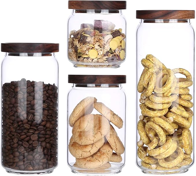 KKC HOME ACCENTS Clear Glass Food Storage Canisters with Airtight Wooden Lids for Coffee Beans,Ground Coffee,Loose Leaf Tea,Pack of 4
