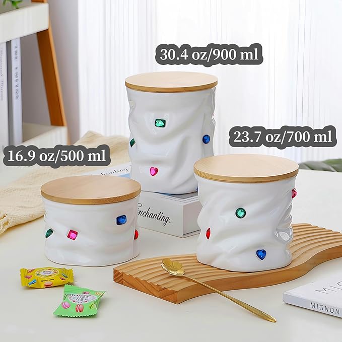 Ceramic Jar with Lid, Food Storage Jars with Bamboo Airtight Lids, Pantry Organizers and Storage Canisters for Tea, Sugar, Candies, Coffee Beans Canister (23.7 oz-white)