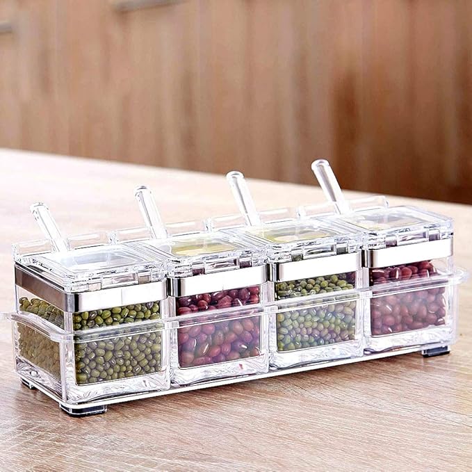 Seasoning Box Stainless 304 Steel Edge, Seasoning Rack Spice Pots, Storage Container Condiment Jars, 4 Piece Clear Acrylic Cruet with Cover and Spoon