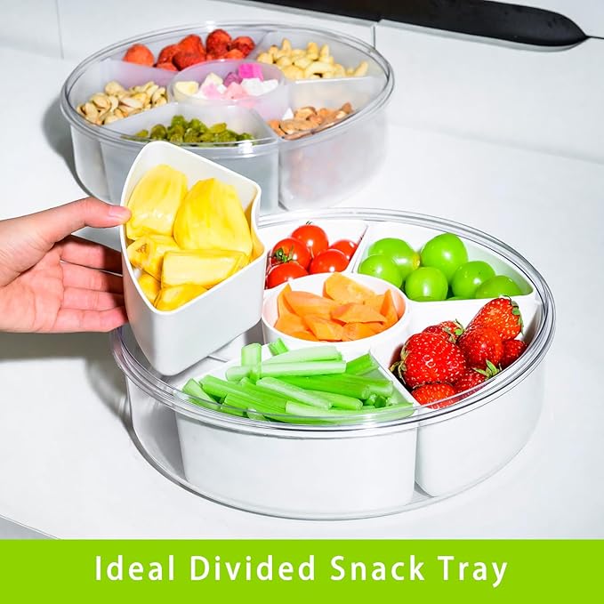 2 Pack Veggie Tray with Lid for Fridge, Clear Divided Serving Tray with Dip Snackle Box Container 6-Compartment Snack Storage for Party, Reusable Dinner Fruit Platter for Refrigerator Organizer Bins