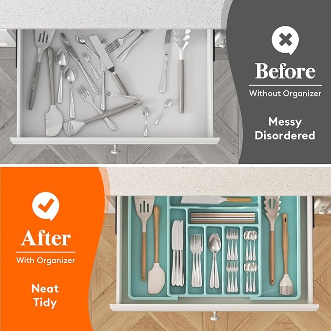 Lifewit Silverware Drawer Organizer, Expandable Utensil Organizer for Kitchen Drawers, Adjustable Cutlery and Flatware Tray, Plastic Spoons Forks Knives Holder Storage Dividers, Large, Turquoise