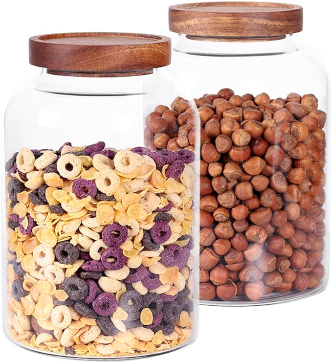 Thicken Glass Storage Jar, Food Storage Container/Canisters with Airtight Wooden Lid for Tea, Coffee, Honey, Cacao Powder,BPA Free Perfect as a Cereal Dispenser (7.6inch 2pcs)