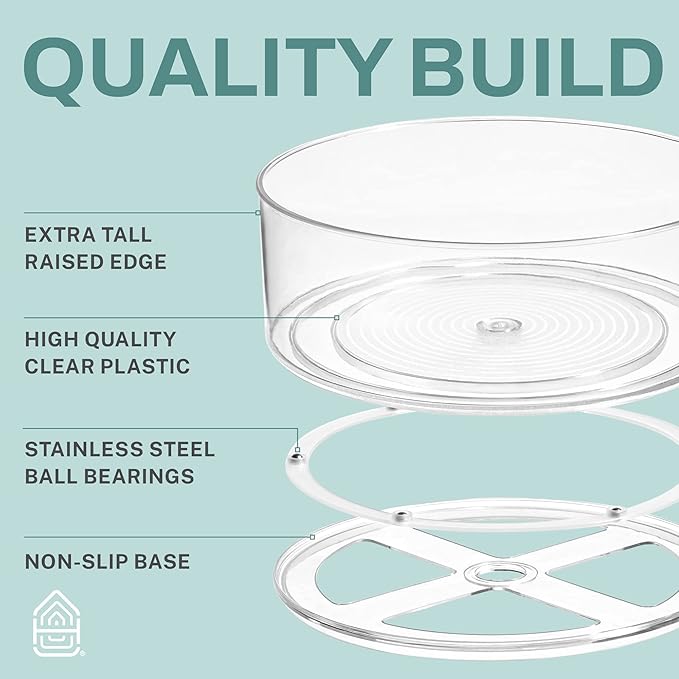 Home Intuition Round Plastic Clear Lazy Susan Turntable Food Storage Container for Kitchen (9" Round, 1 Pack)