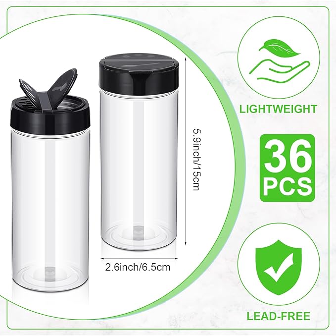 Zhehao 36 Pcs 16 oz Plastic Spice Jars Containers with Black Cap Large Spice Bottles with Shaker Lids for Kitchen Storage Seasoning Powder Herbs Cabinet