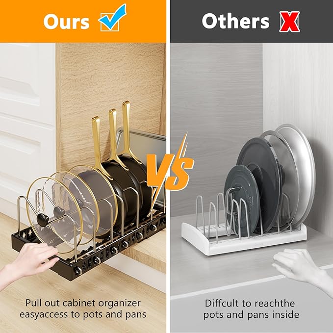 Pull Out Pots and Pans Organizer Under Cabinet, 2 Pack Pots and Pans Organizer, Sliding Lid Holder and Pan Rack in Kitchen, Slide Out inside Cabinet Storage for Pot Lid, Bakeware, Dishes, Black