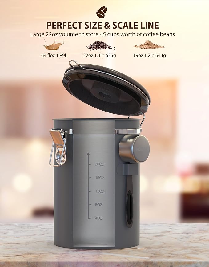 HAIOOU Airtight Coffee Canister Wood Grain, 16OZ Small Stainless Steel Coffee Bean Storage Container with Date Tracker, Measuring Scoop, CO2 Filter Valves for Beans Grounds - Walnut and Gray