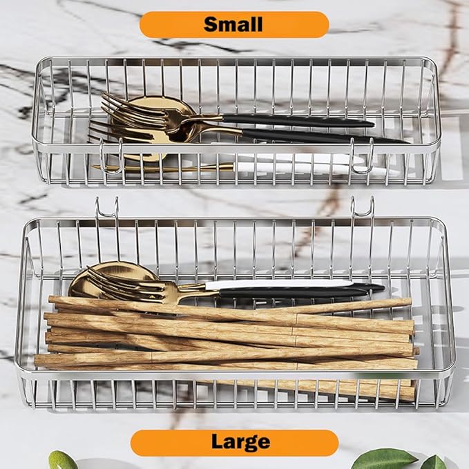 Sturdy 304 Stainless Steel Flatware Organizers with Hooks, 2 Pcs Drawer Silverware Organizer for Chopsticks/Spoon/Fork/Knife, Large and Small