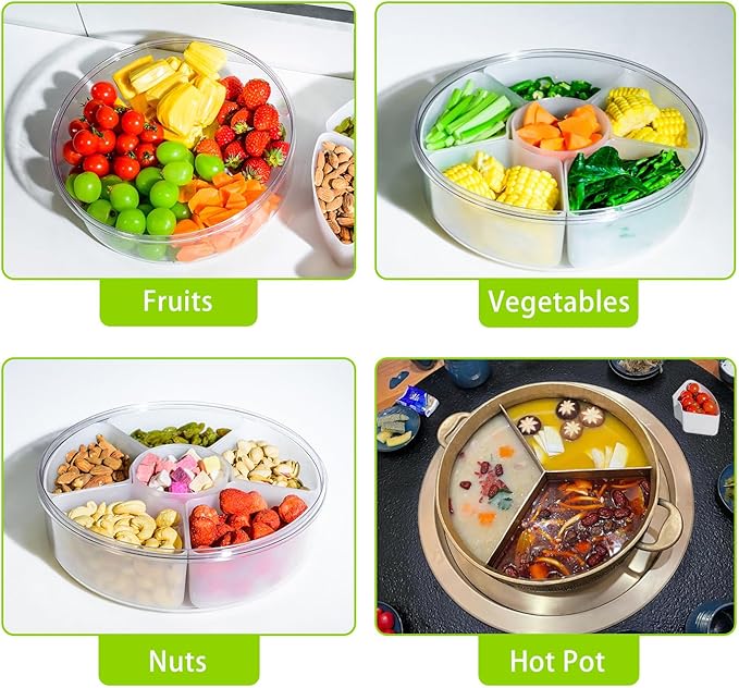 2 Pack Veggie Tray with Lid for Fridge, Clear Divided Serving Tray with Dip Snackle Box Container 6-Compartment Snack Storage for Party, Reusable Dinner Fruit Platter for Refrigerator Organizer Bins