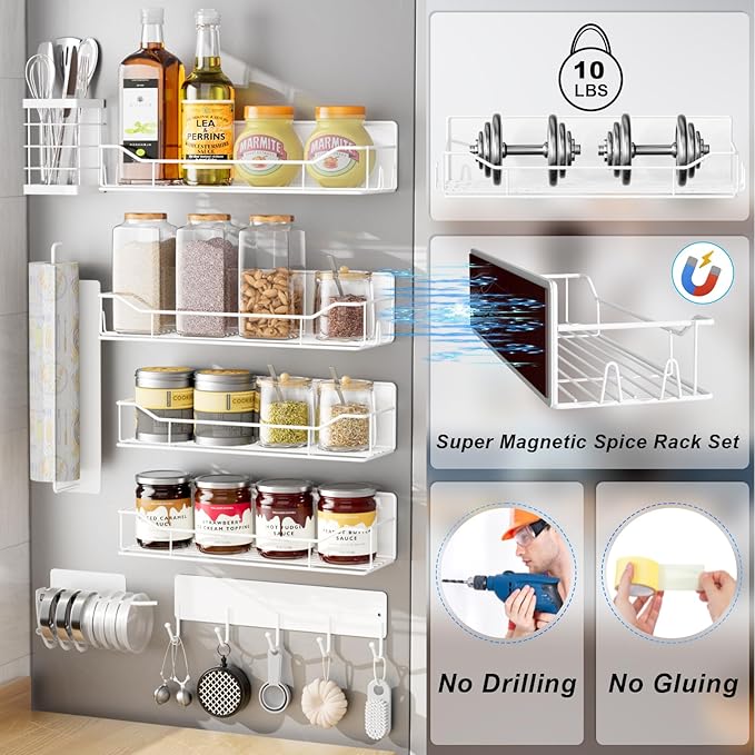Magnetic Spice Rack for Refrigerator,8 Pack Magnetic Fridge Shelf, Moveable Spice Organizer with Hook Rack, Paper Towel Holder, Utensil Holder,cup lid holder, Super Magnetic Rack Set (White)