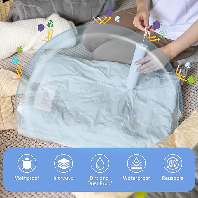 10 Jumbo Vacuum Storage Bags, Vacuum Seal Bags for Clothing, Pillows, Comforters, Blankets, Space Saver Bags with Electric Pump