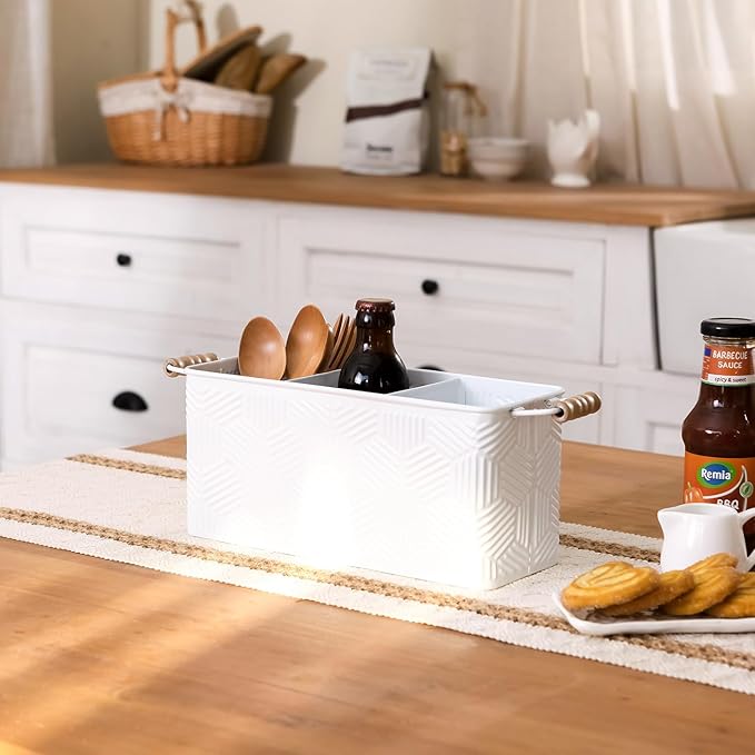 NIKKY HOME Farmhouse White Silverware Organizer with 3 Compartments Cutlery Caddy Kitchen Countertop Flatware Holder for Utensil, Spoons, Knives, Forks, Hexagon Stripe Embossed Pattern