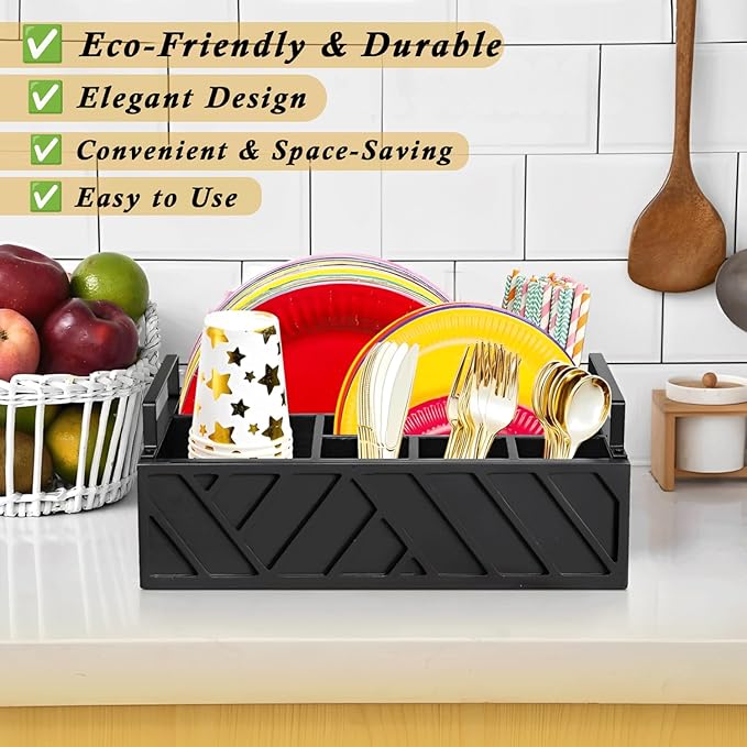 Paper Plate Dispenser, Paper Plate Holder for Kitchen Counter, Wood Rustic Silverware Utensil Caddy, Flatware Organizer with 6 Compartments- Plate Caddy for Picnic and Kitchen (Black)