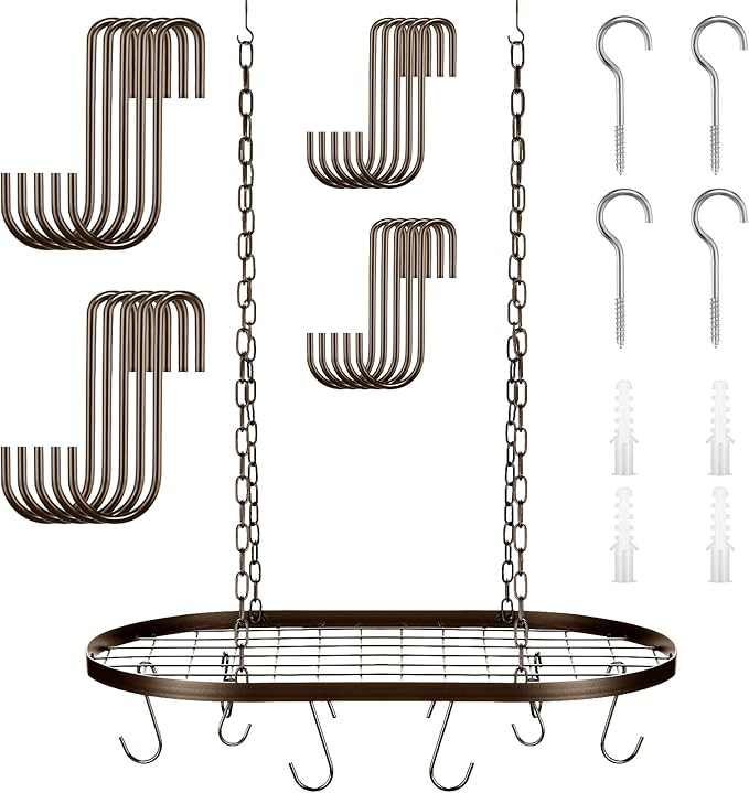 20 Inch Pots and Pans Organizer Hanging Rack Pot and Pan Organizer with 20 S Hooks for Home, Restaurant, Kitchen Cookware, Utensils, Books, Household(Bronze)
