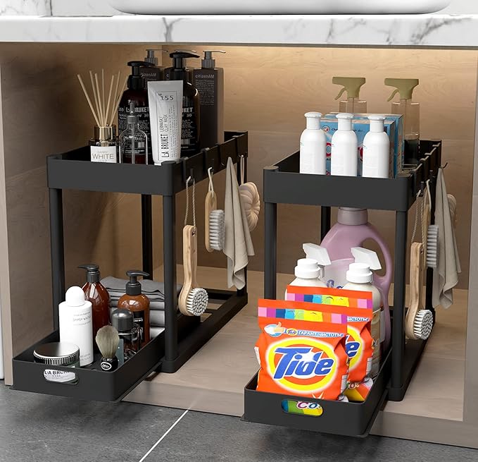 2PC Under Sink Organizer Rack 2 Tier Under Sliding Cabinet Basket Organizer Drawer with 4 Hooks, Multi-purpose Under Sink Storage for Bathroom Kitchen Desktop(Black)