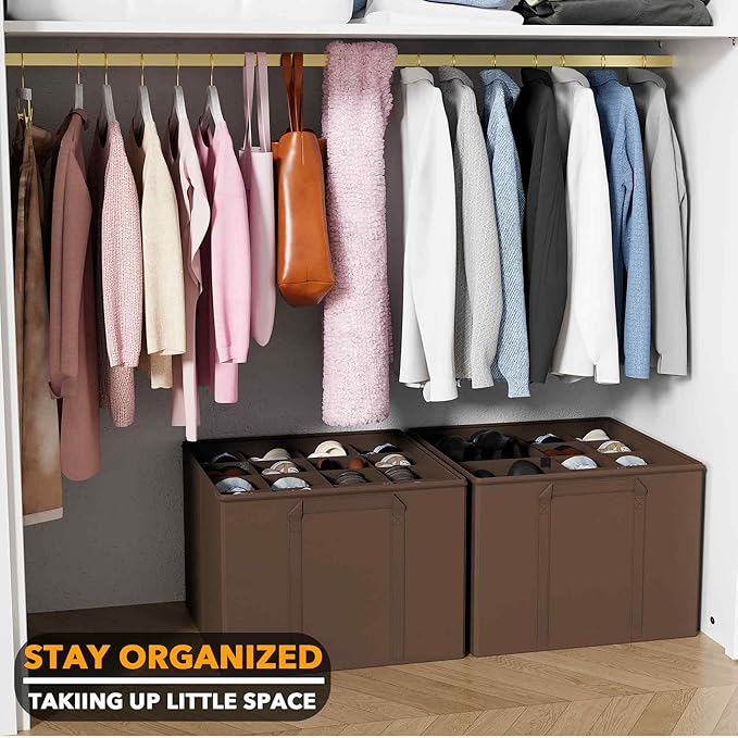 SpaceAid Shoe Organizer for Closet, 2 Pack Foldable Shoe Storage Containers Baskets Boxes Bins w/Adjustable Dividers, Fits 16-32 Pairs, Brown