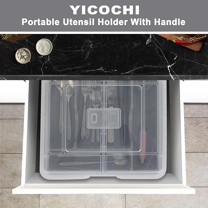 Portable Utensil Holder for Countertop with Lid & Handle, Plastic Silverware Tray for Drawer Flatware Organizer, Gray