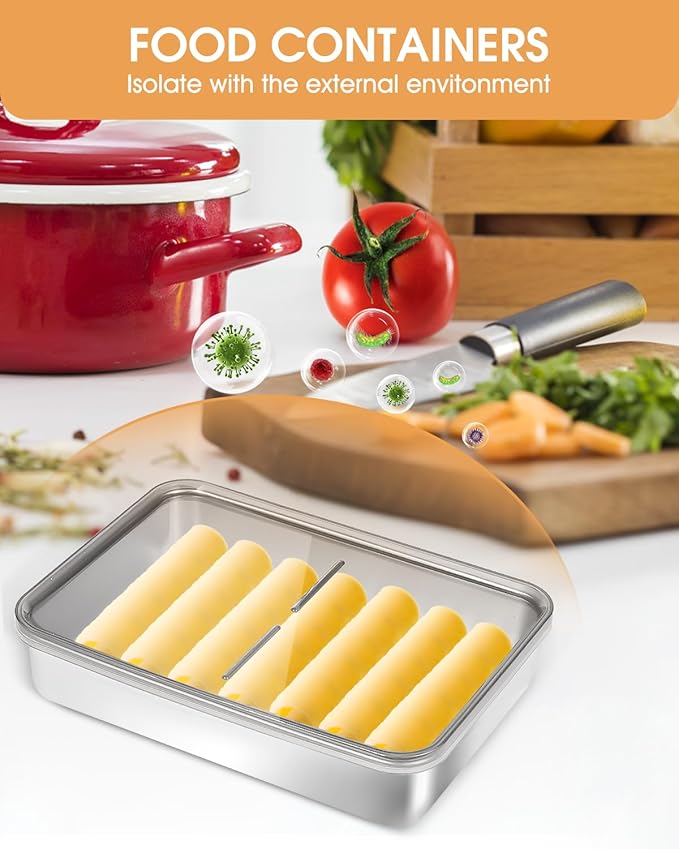 1PCS Cheese Container for Fridge, 304 Stainless Steel Deli Meat Container for Fridge with Ridged Bottom, Food Storage Holder with Lids (1PCS Cheese Holder- 27 FL OZ)