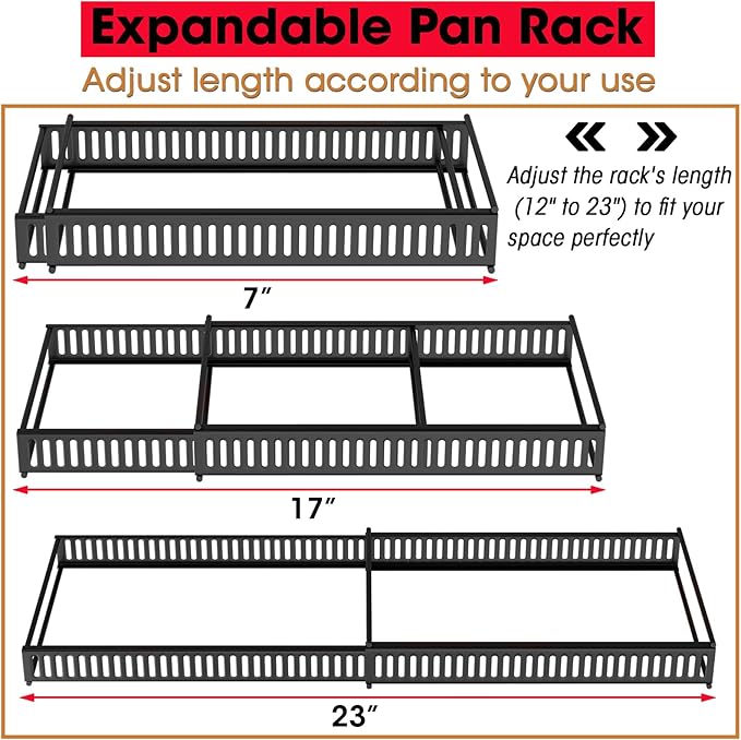 Pots and Pans Organizer, Expandable Rack with 11 Dividers for Bakeware and Lid Storage (Black)