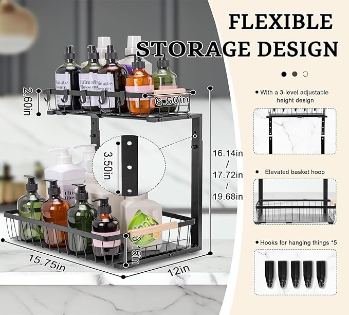 2 Pack Under Sink Organizer, Sliding Cabinet Basket Organizer 2 Tier Under Bathroom Storage Rack with Hooks, Hanging Cup, Dividers, Multi-purpose Storage Shelf for Bathroom Kitchen, Black
