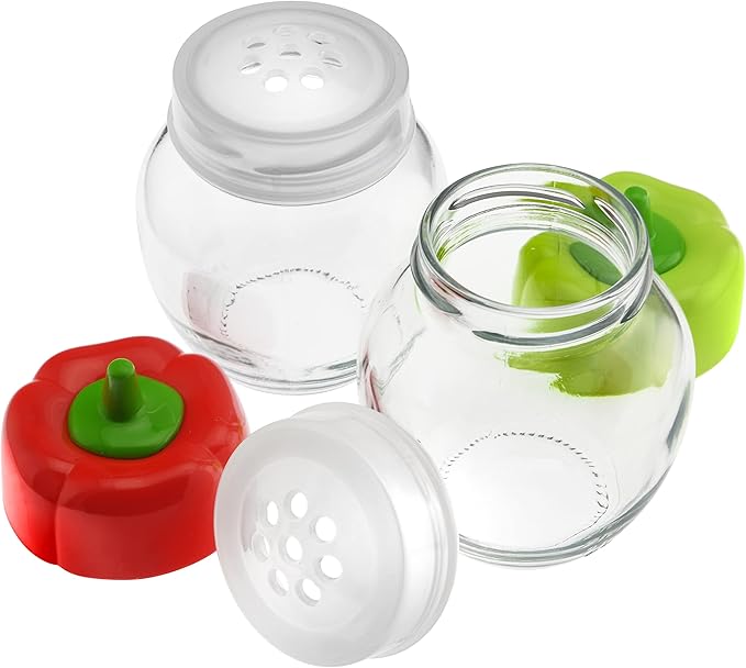 Seasoning Shaker Perforated Top Shaker For Parmesan Cheese, Pepper, Kosher Salt, Glass Jar With Cute Pepper Lid, Dishwasher Safe - 7oz - Set Of 2