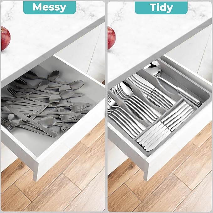 Utensil Holder for Countertop with Lid, Plastic Silverware Tray for Drawer, 5 Compartments Flatware Organizer, Gray