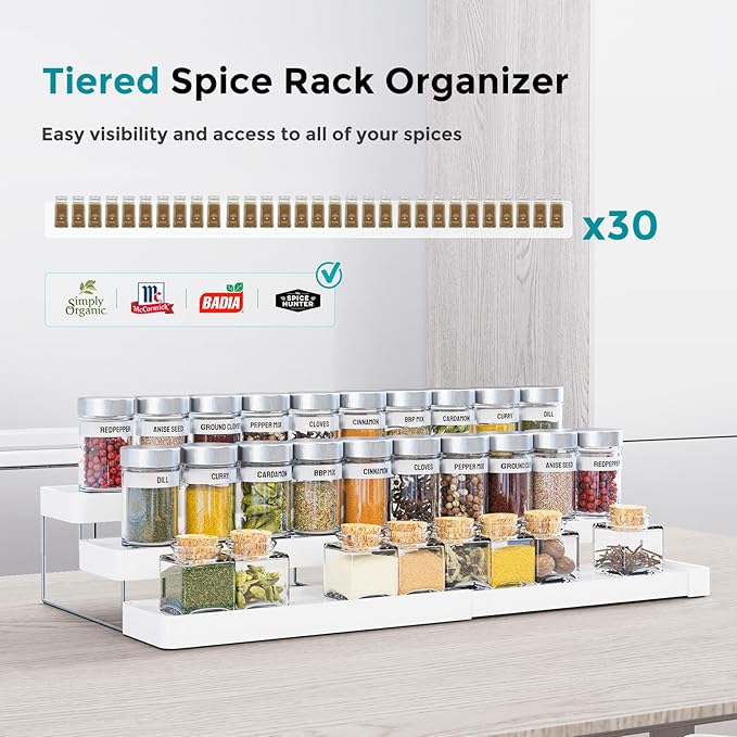 Spice Rack Organizer for Cabinet - 3 Tier Expandable Spice Organizer for Cabinet Easy Visibility - Adjustable Cabinet Spice Organizer for Kitchen Countertop Cupboard Pantry Organization (White)