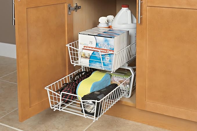 ClosetMaid Pull Out Cabinet Organizer 2, Heavy Duty, Slide Out Pantry Shelves Drawers for Kitchen, Bathroom, White, 11-Inch Two Tier