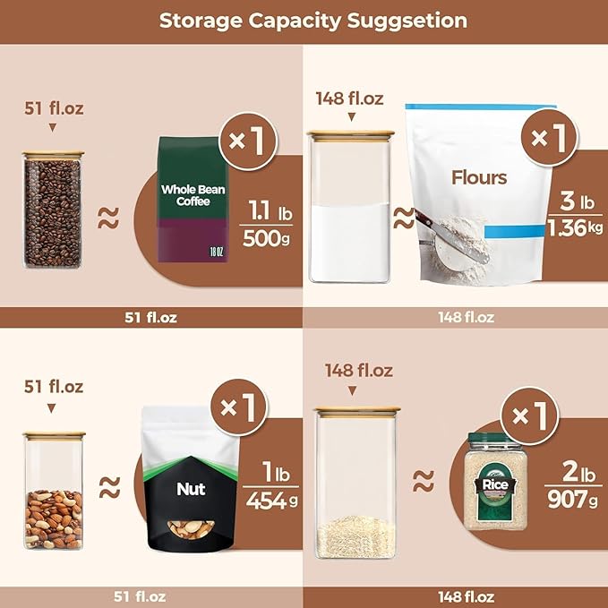 ComSaf Glass Pantry Storage Containers, 148/51 oz Large Square Flour and Sugar Containers with Airtight Lids, Gallon Glass Jars with Bamboo Lids for Rice, Pasta, Cookies, Coffee Beans