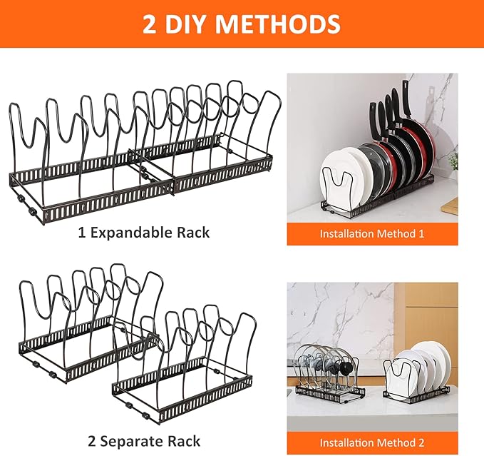 ROOHUA Pot Rack -Expandable Pan Organizer for Cabinet,Pot Lid Holder with 10 Adjustable Compartment for Kitchen Cabinet Cookware Baking Frying Rack,Bronze