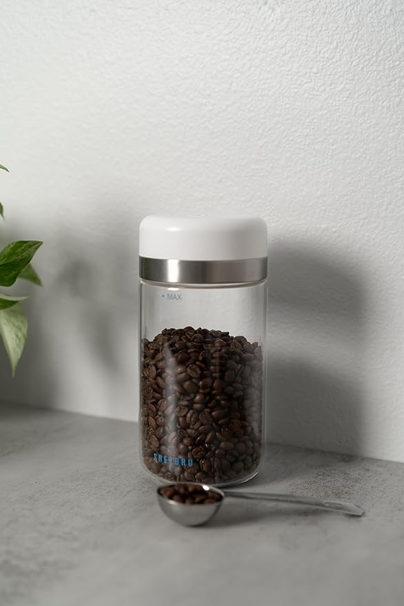 Smart Coffee Container & Food Storage w/Electric Vacuum Seal, Airtight Coffee Canister for Whole & Ground Bean Storage, Durable Borosilicate Glass Jar, Charging Cable Included, 10.5oz / 250g