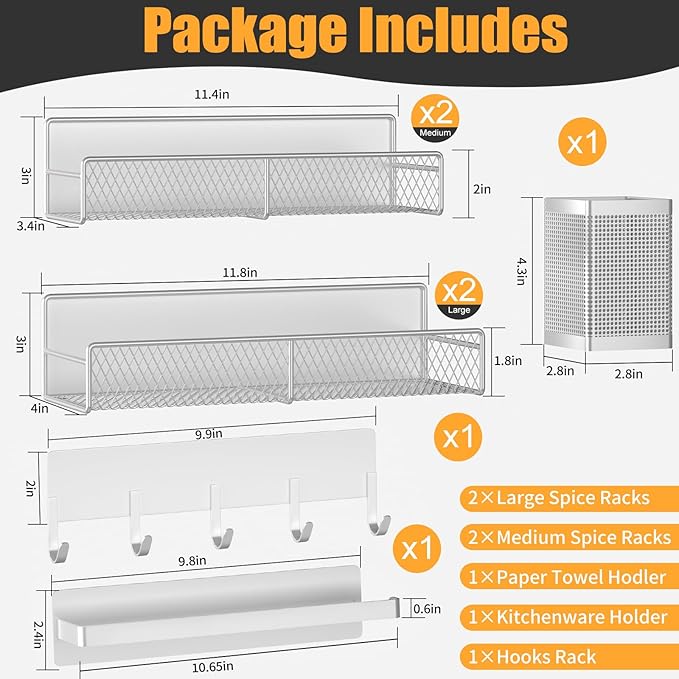 7 Pack Metal Spice Rack for Refrigerator, Moveable Organizer with Hook Rack, Paper Towel Holder, Strong Magnetic Storage