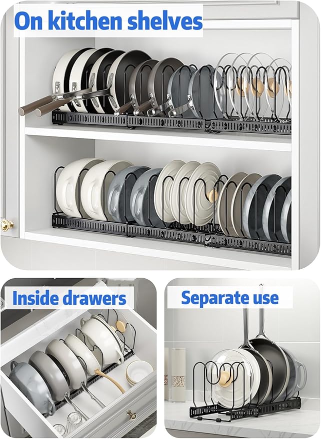 Pots and Pans Organizer : Rack for under Cabinet, Expandable Pot Lid Kitchen Cabinet Organizer Holder with 12 Adjustable Compartment, for Cutting Board, Cast-iron Pan, Heavy Cookware