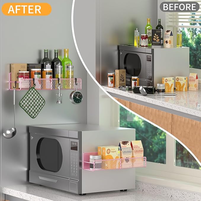Magnetic Spice Rack for Refrigerator, 2 Pack Metal Magnetic Shelf Pink, Moveable Spice Organizer with Hooks, Super Magnetic Fridge Shelf for Kitchen Organization and Storage