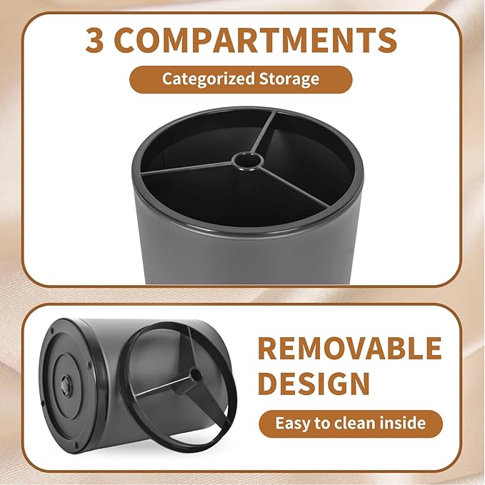 Extra Large Kitchen Utensil Holder - 360° Rotating Stainless Steel Cooking Utensil Holder for Countertop, 3 Compartment Flatware Organizer & Utensil Caddy with Removable Base(Grey)