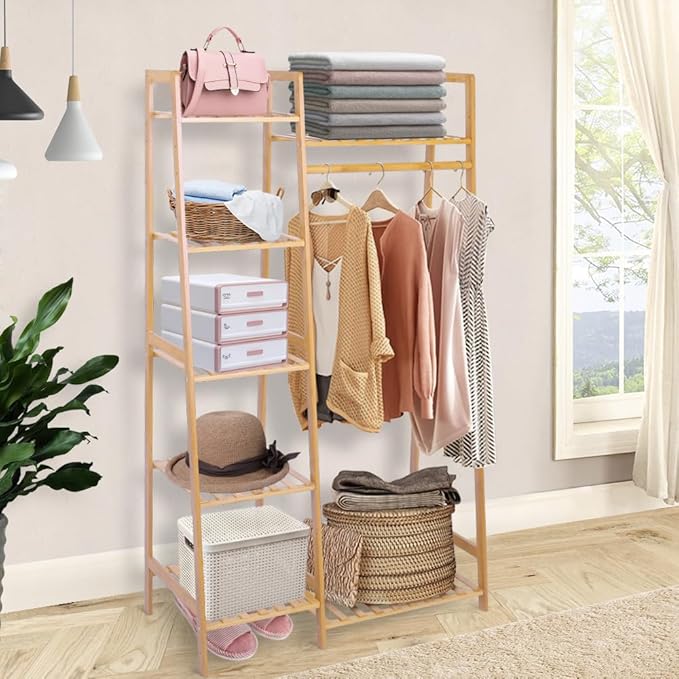 Ufine Bamboo Garment Rack 7-Tier Storage Shelves Clothes Hanging Rack, Heavy Duty Clothing Rack Minimalism Wardrobe Closet Organizer for Indoor