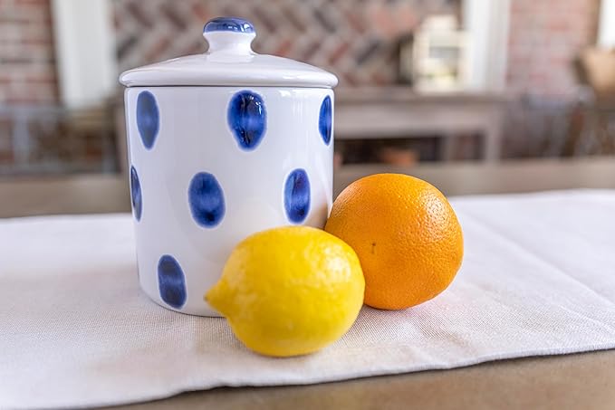 Vietri Viva Santorini White and Blue Dot Small Canister, 5" D Ceramic Earthenware White Canister, Kitchen Canister
