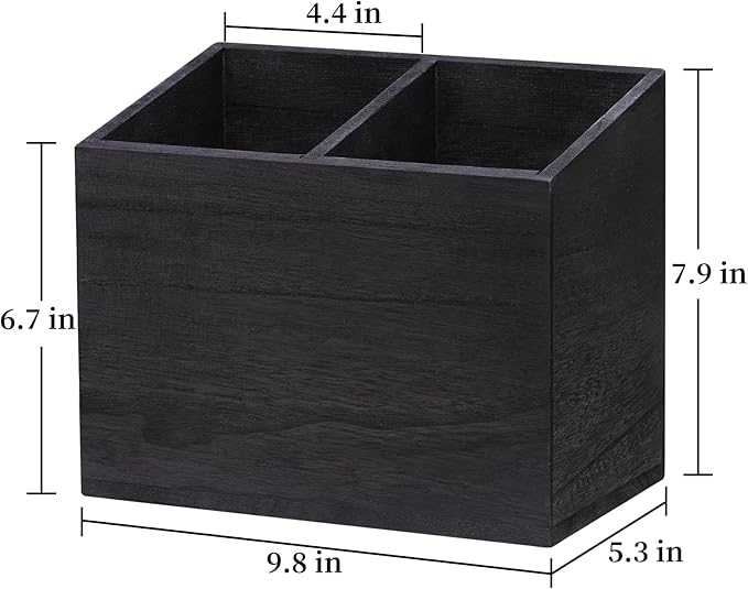 Wooden Kitchen Utensil Caddy With 2 Compartments, Rustic Utensil Holder for Kitchen Countertop, Wood Utensil Crock Organizer Box for Farmhouse Kitchen Decor (black)