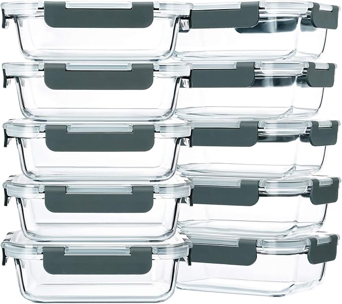 M MCIRCO 10-Pack,22 Oz Glass Meal Prep Containers,Glass Food Storage Containers with lids,Glass Lunch Containers,Microwave, Oven, Freezer and Dishwasher (Gray)