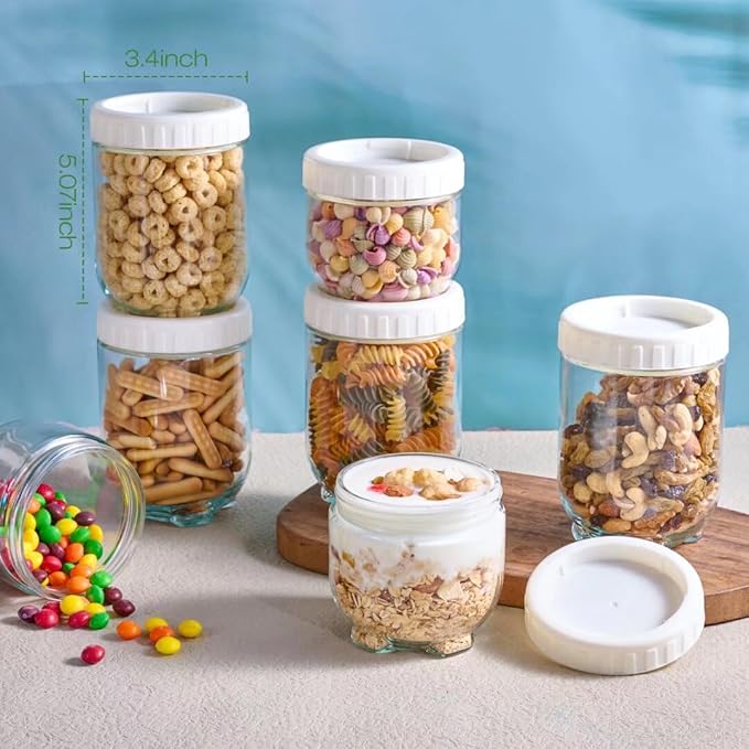 Hoa Kinh Glass Overnight Oats Jars with Lids, 20oz 6Pack Leak Proof Small Stackable Jars Kitchen Canisters for Overnight Oats, Cereal, Clear Empty Glass Jar with Lids for Kitchen(White 6Pack)