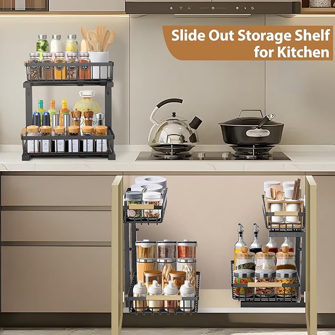 2 Pack Under Sink Organizer, Metal Slide Out Under Sink Organizers and Storage Shelves, Height Adjustable Pull Out Under Cabinet Organizer, Under Sink Storage for Kitchen, Bathroom (Black)