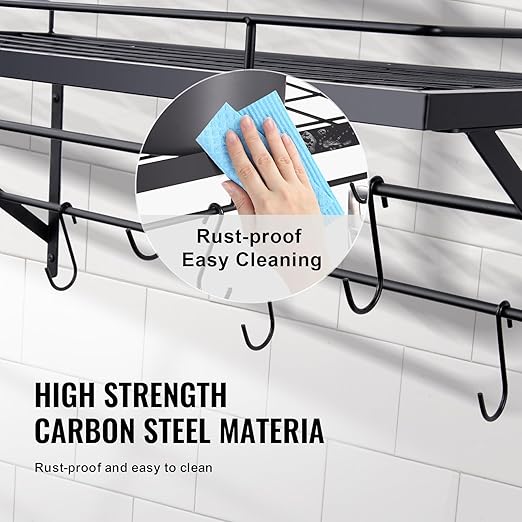 VEVOR Pot Rack Wall Mounted, 24 inch Pot & Pan Hanging Rack with 12 S Hooks, 55 lbs Loading Weight, Ideal for Cookware in Kitchen