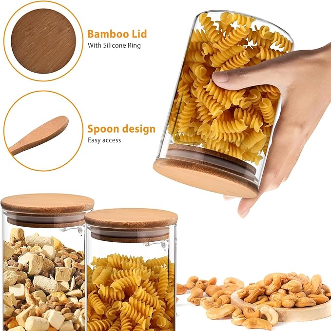 Qikuver 3 pack 18oz Airtight Glass Storage Canister with Bamboo Lids and Spoons Scoop, Food Glass Jars, Kitchen Organization Jar Set for Coffee Beans, Tea, Flour, Salt, Nuts, Candy, Cookie and More