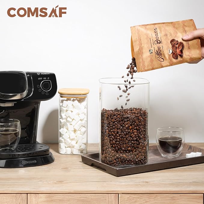 ComSaf 148 oz Glass Food Storage Containers, 1.2 Gallon Glass Flour and Sugar Containers with Lids, Large Square Glass Jars with Bamboo Lids for Rice, Pasta, Oats, Grains, Cookies, Coffee Beans