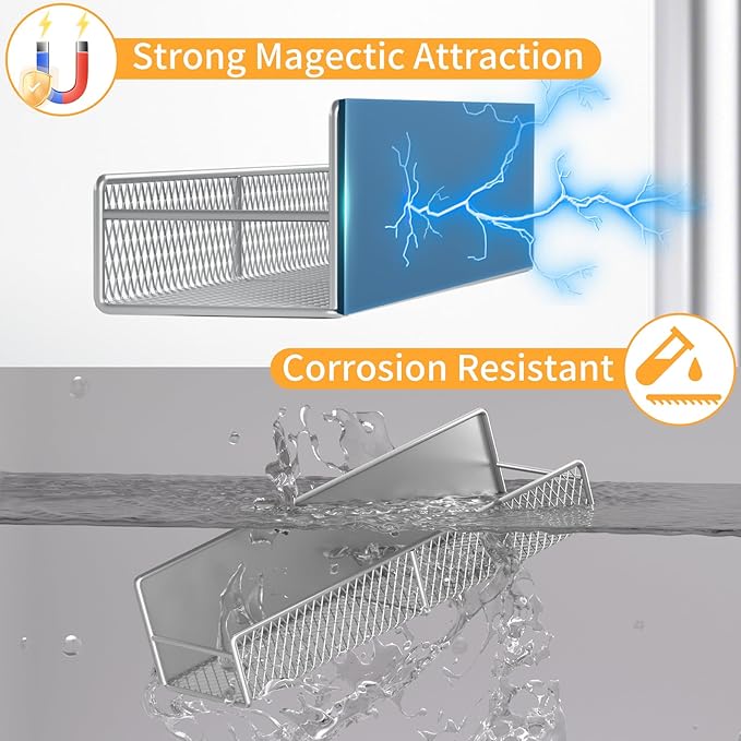 Magnetic Spice Rack for Refrigerator, 2 Pack Metal Magnetic Shelf Grey, Moveable Spice Organizer with Hooks, Super Magnetic Fridge Shelf for Kitchen Organization and Storage