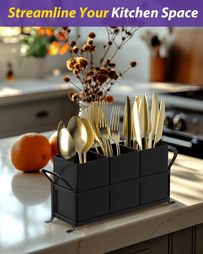 Silverware Caddy for Party - Black Utensil Holder for Kitchen Counter, Compact Metal Organizer for Flatware, Cutlery, Spoons, Forks, and Knives, Cute Small Farmhouse Container for Countertop