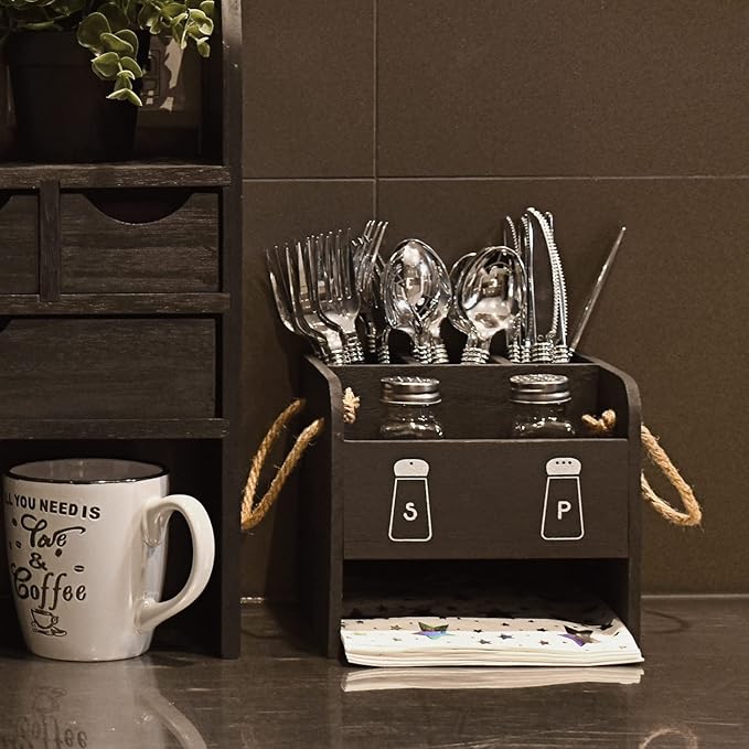 Ikee Design Wooden Utensil Caddy with Handles, Includes Salt Pepper Shaker,Silverware Caddy,Silverware Holder Organizer for Countertop,Party,Camping and Kitchen,Picnic Cutlery Holders,Black Color