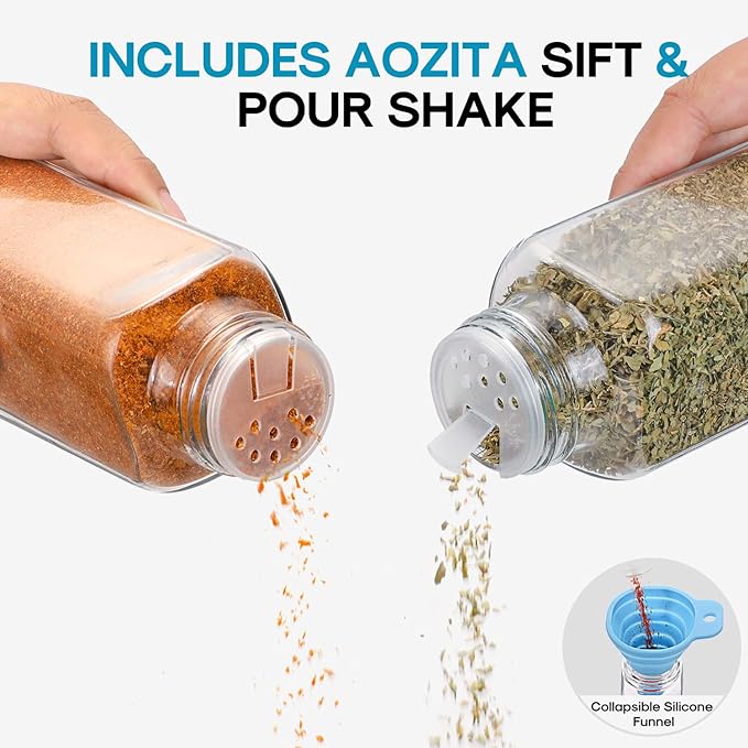 AOZITA 14 Pcs Glass Spice Jars with Spice Labels - 8oz Empty Square Spice Bottles - Shaker Lids and Airtight Metal Caps - Chalk Marker and Silicone Collapsible Funnel Included